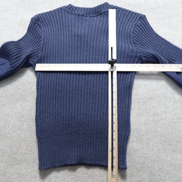 Woolly Pully Sweater Small Blue Solid V-Neck Elbow Patches Commando Epaulets - Picture 3 of 7